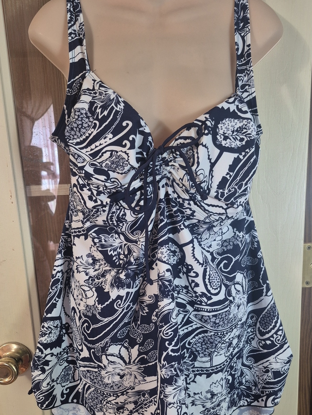 Navy and White Floral Paisley Tankini Top